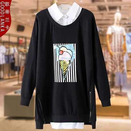 中年妈妈洋气连衣裙长袖印花假两件中长款加大码女装POLO领卫衣裙图片