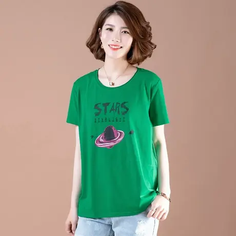 夏季加肥加大码女装宽松全棉短袖t恤圆领印花中年妈妈装显瘦体恤商品大图