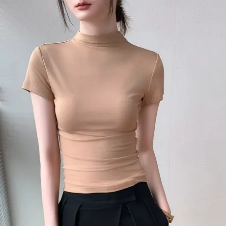修身短袖打底衫女早秋气质正肩莫代尔纯色时尚百搭半高领内搭T恤图片
