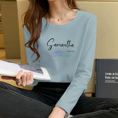 基础款长袖打底T恤女2023年春装新款灰蓝色纯棉内搭宽松显瘦上衣图片