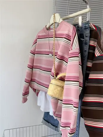 基础款经典条纹加绒加厚宽松大码上衣外套学生休闲慵懒风秋冬卫衣图片