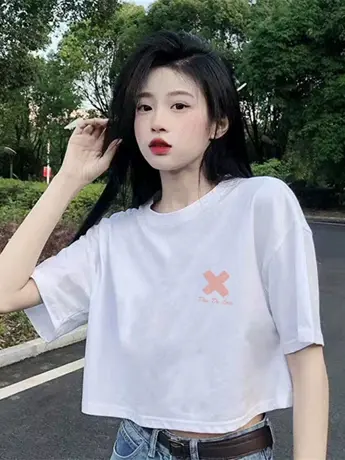 夏季2023年新款百搭宽松仿棉t恤女短袖设计感小众不规则短款上衣图片
