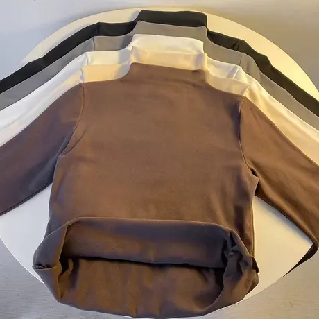 磨毛加厚半高领白色打底衫女秋冬季2023新款加绒内搭T恤保暖上衣商品大图