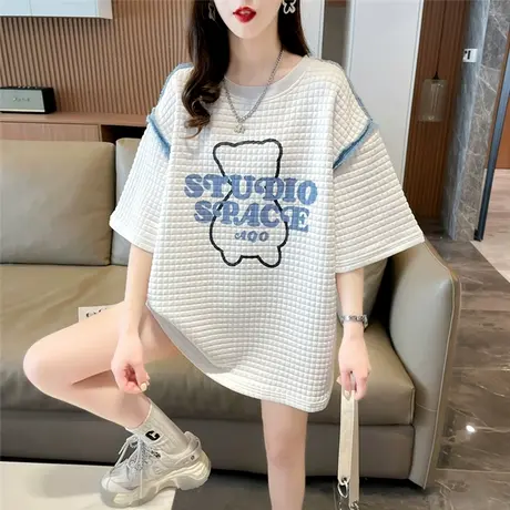 小众设计感短袖t恤女夏装韩版宽松大码中长款牛仔拼接华夫格上衣图片