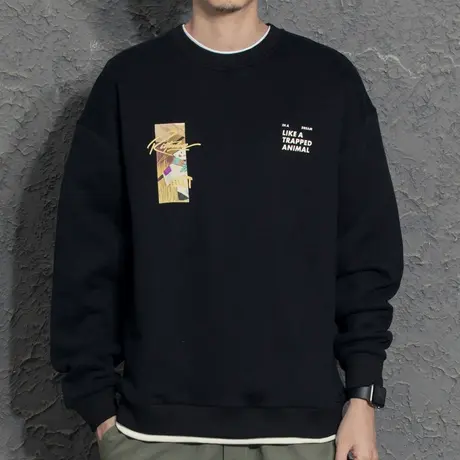 2022秋冬新款卫衣男潮流圆领加绒日系印花宽松无帽套头上衣假两件商品大图