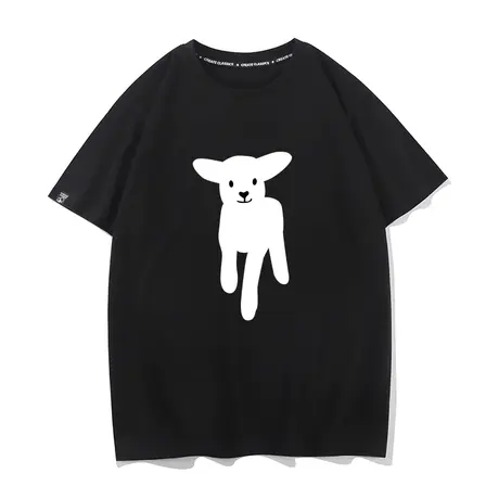 秀洛趣味小羊印花短袖T恤男国潮牌宽松街头情侣装纯棉打底衫体恤商品大图