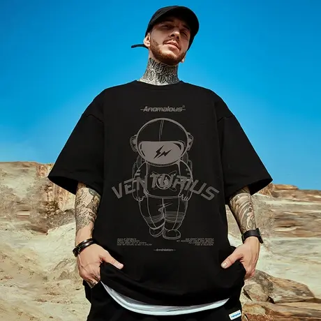 oversize美式潮牌胖子男装大码宽松NASA联名短袖T恤宇航员半袖夏图片