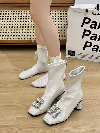 水钻马丁靴女2023秋冬新款中筒方头粗跟高跟瘦瘦靴爆款小香风短靴商品大图