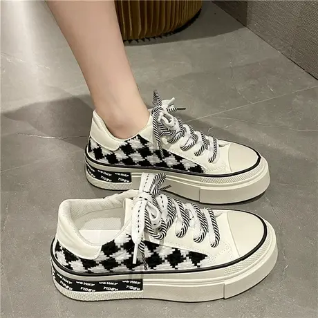 时尚轻奢棋盘格帆布鞋女2024春季新款休闲小白鞋百搭原创小众板鞋商品大图