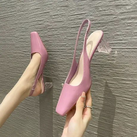 包头凉鞋女不累脚2024夏季新款方头百搭单鞋细跟一字带浅口高跟鞋商品大图