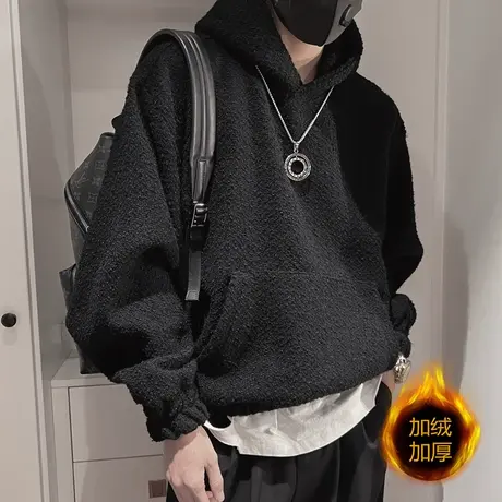 冬款高级小香风连帽加绒卫衣男新款潮流个性宽松保暖套头打底上衣商品大图