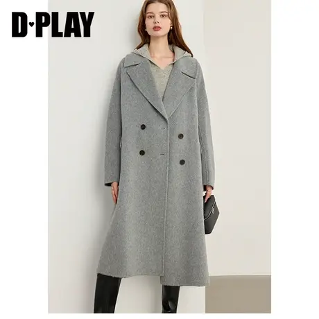 DPLAY 冬气质通勤浅花灰双排扣重磅轻奢中长款双面羊毛呢大衣商品大图