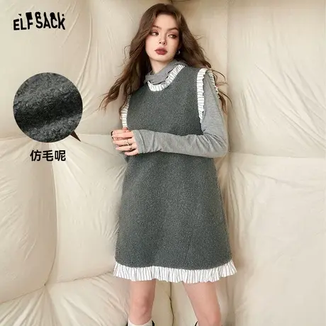 妖精的口袋甜美拼接针织毛呢连衣裙女2024早春新款小个子拜年穿搭图片