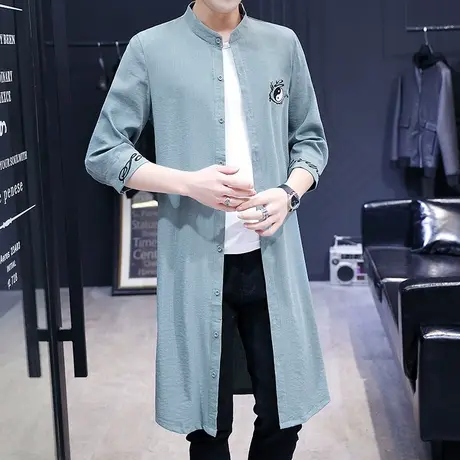 夏季男士风衣中长款过膝披风潮流薄款外套个性防晒衣中国风七分袖商品大图