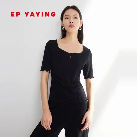 EP YAYING雅莹女装 黑色修身收腰显瘦短袖t恤 2023新款5501A图片