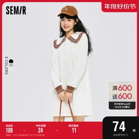 森马连衣裙女撞色娃娃领宽松2022秋季新款甜美学院女生长袖卫衣裙图片