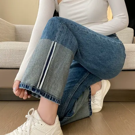 法式翻边直筒牛仔裤女秋冬新款修身显瘦法棍裤宽松显瘦九分烟管裤商品大图