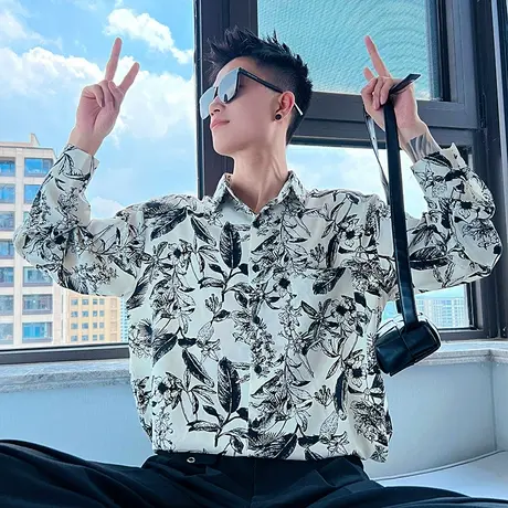 长袖衬衫潮牌复古高级感休闲衬衣潮男春秋宽松花色ins发型师上衣商品大图