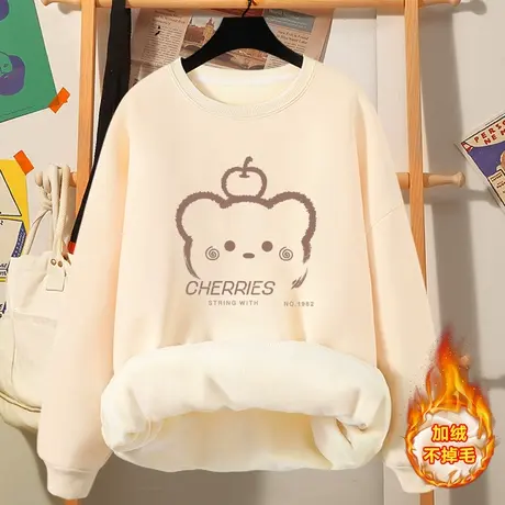 加绒加厚圆领卫衣女秋冬2023新款冬季宽松小个子无帽学生上衣外套商品大图