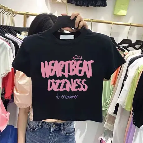 百搭短袖t恤女夏季2023年新款欧美潮流字母印花修身短款半袖上衣商品大图