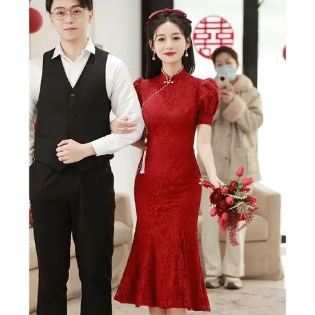 鱼尾敬酒服新娘小个子高级感旗袍蕾丝订婚礼服女夏季酒红色连衣裙商品大图