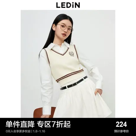 乐町新品假两件针织上衣秋季新款女装马甲学院风衬衫叠穿背心图片