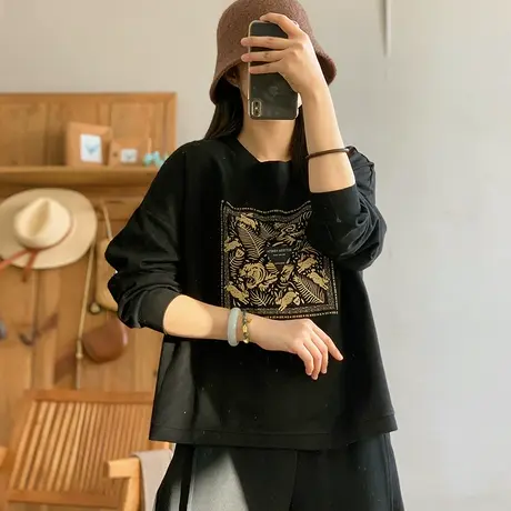 dza 复古短款纯棉休闲卫衣女士2024早春内搭打底宽松长袖运动上衣商品大图