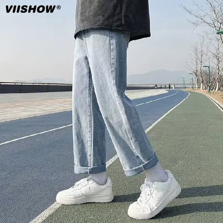 VIISHOW松紧腰直筒牛仔裤男夏季宽松九分阔腿潮牌高腰休闲长裤子图片