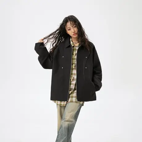 复古潮牌设计感黑色外套女春秋新款情侣装宽松oversized夹克上衣商品大图