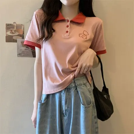 polo领夏季正肩短袖t恤女小众设计感洋气修身小众设计感粉色上衣商品大图