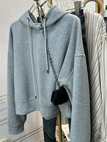 韩系连帽卫衣女短款春装2024年新款纯色套头宽松内搭带帽衫春秋季图片