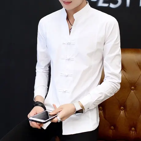 新中式立领长袖衬衫男士春秋季唐装盘扣褂子中国风男装复古衬衣服商品大图