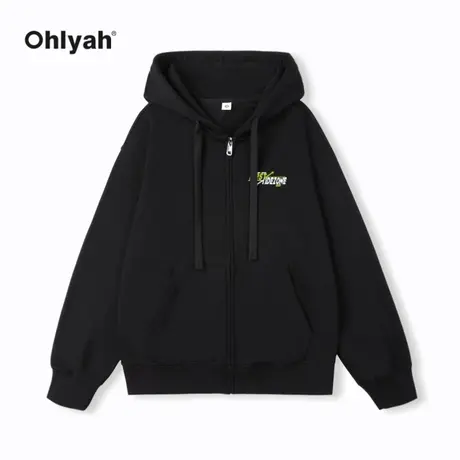Ohlyah纯棉美式潮牌拉链外套男春秋2023休闲运动连帽重磅开衫卫衣商品大图