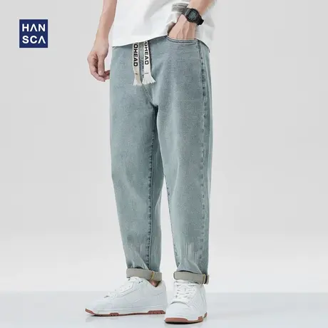 hansca直筒牛仔裤男宽松加大码2023春季潮牌复古休闲浅色抽绳长裤商品大图