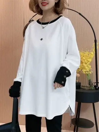 袖口拼接宽松T恤女2024春季新款休闲显瘦百搭刺绣设计感长袖上衣图片