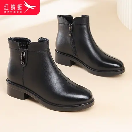 红蜻蜓短靴女冬季新款真皮百搭粗跟短筒靴子加绒保暖中年妈妈棉鞋图片
