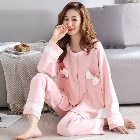 婷美春秋季睡衣女纯棉长袖开衫圆领可爱款秋冬全棉家居服休闲套装商品大图