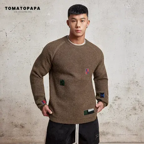 TOMATOPAPA冬季毛衣男圆领保暖插肩套头衫拼接个性潮牌针织衫上衣商品大图