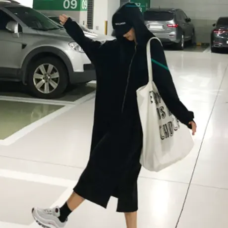 纯诗曼秋冬新款卫衣女中长款韩版宽松大码侧开叉休闲连帽卫衣外套商品大图