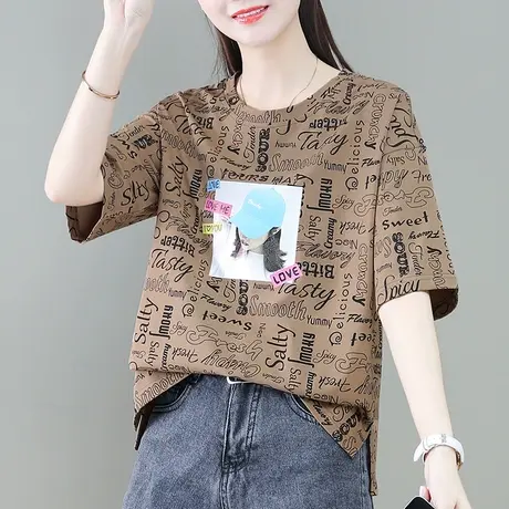 短袖纯棉t恤女夏2023年新款个性时尚宽松运动服上衣百搭体恤小衫图片
