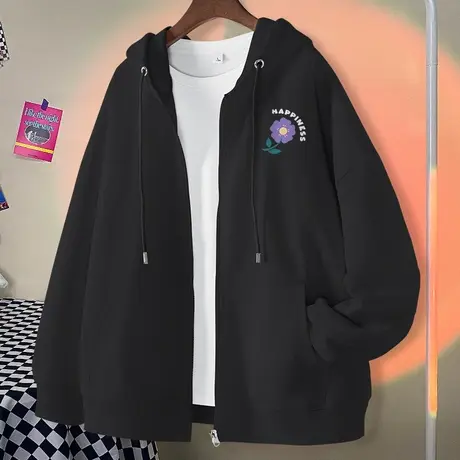 黑色开衫卫衣女2023春秋新款百搭宽松女装上衣秋季薄款小个子外套商品大图