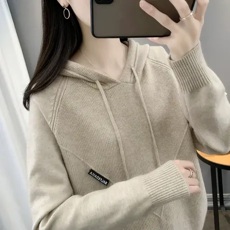 简约百搭宽松长袖套头连帽毛衣女2023秋冬新款纯色长袖针织衫上衣商品大图