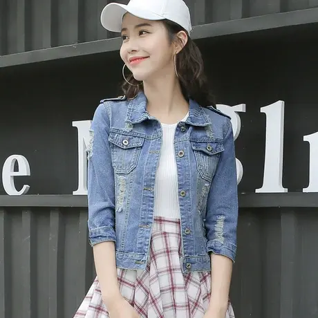 牛仔外套女短款修身韩版潮显瘦学生七分袖春秋牛仔服上衣肩宽36商品大图