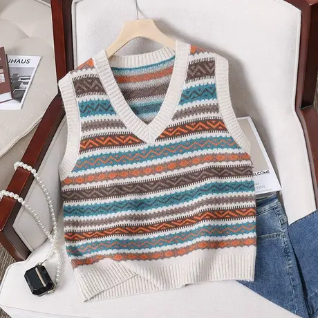 马甲针织背心外套秋冬季外搭2023年新款女士毛衣条纹宽松V领叠穿图片