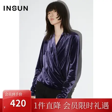 [质感丝绒]恩裳COVER2023年早春新款进口弹力上衣时髦交叉领衬衫图片