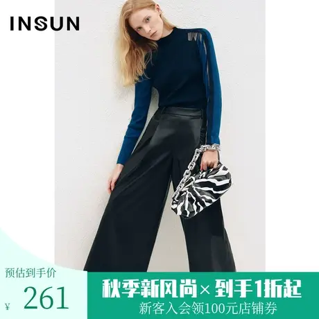 恩裳COVER冬季2022时尚宽松舒适弹性PU皮革褶裥阔腿休闲裤女图片