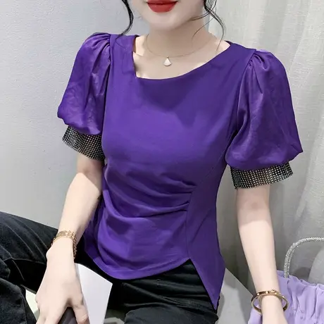 欧货泡泡袖T恤女短袖欧货设计感小众上衣不规则开叉小衫斜领体恤商品大图