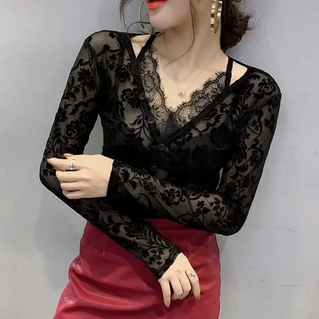 性感透视V领长袖蕾丝衫女初秋欧货夜店风洋气上衣植绒印花网纱T恤商品大图
