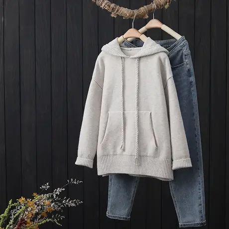 秋冬新款纯色连帽套头针织衫毛衣女宽松百搭休闲显瘦减龄上衣外套图片
