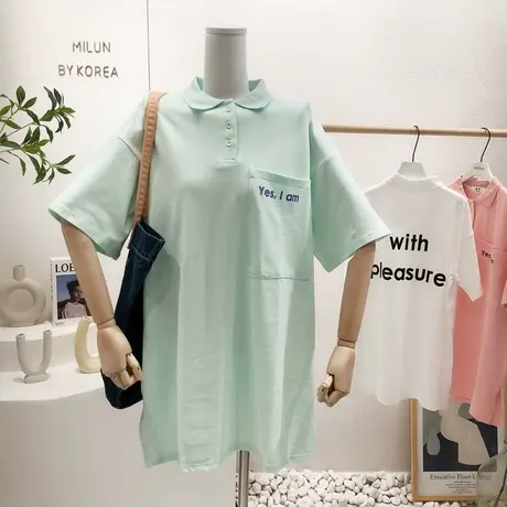 韩国东大门Polo领连衣裙2022夏季新款字母印花中长款T恤裙大码潮商品大图